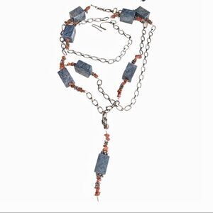 Artist made sterling silver chain coral sodalite bead necklace 40” unique